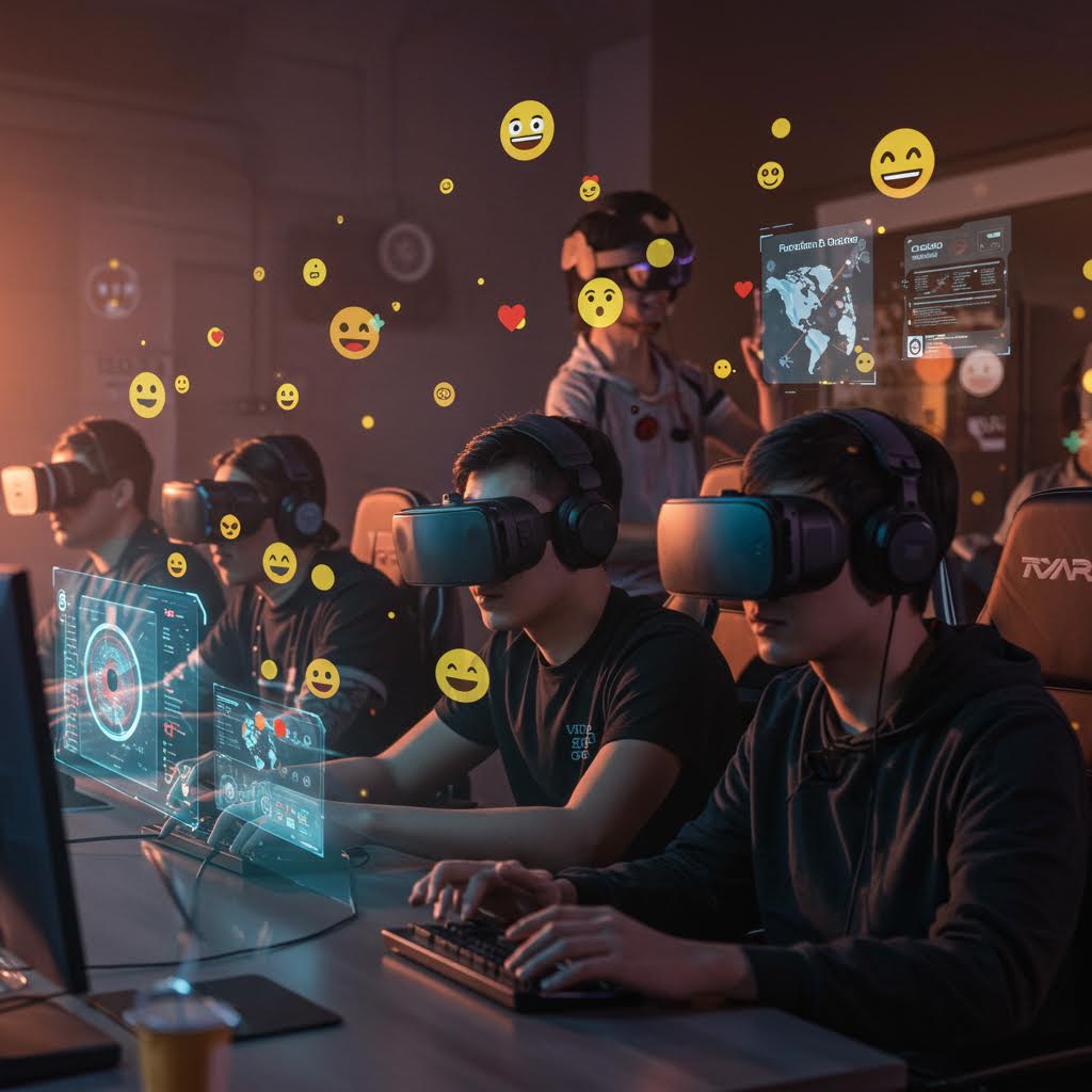 VR 헤드셋을 착용한 게이머들이 이모티콘과 홀로그램 화면 속에서 몰입형 게임을 즐기는 장면