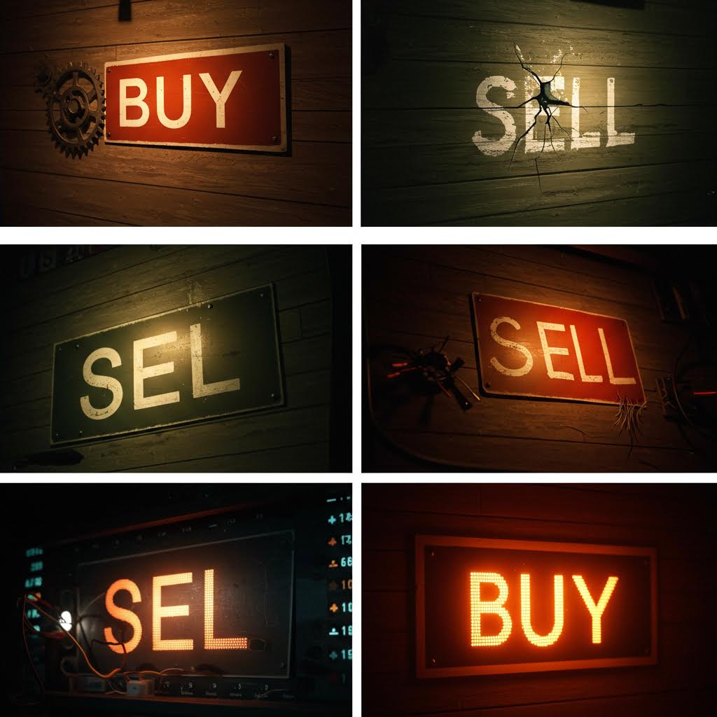 거래 게시판에 붙은 네온 불빛의 BUY와 SELL 표지판을 강조한 경고성 이미지