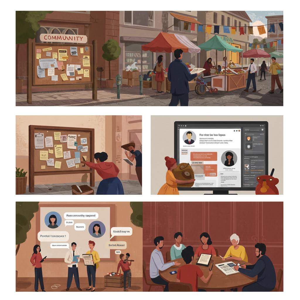 도심 속 게시판과 온라인 창을 오가며 사람들이 대화와 의견을 나누는 커뮤니티 언어의 사회적 흐름