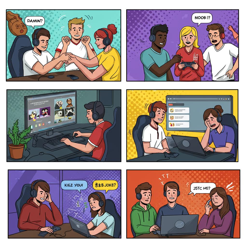 6개의 만화 스타일 일러스트로 구성된 그리드. 다양한 색상으로 그려진 사람들 간의 대화와 상호작용 장면들로, 각 장면마다 말풍선이 있어 대화 내용을 나타내고 있다.