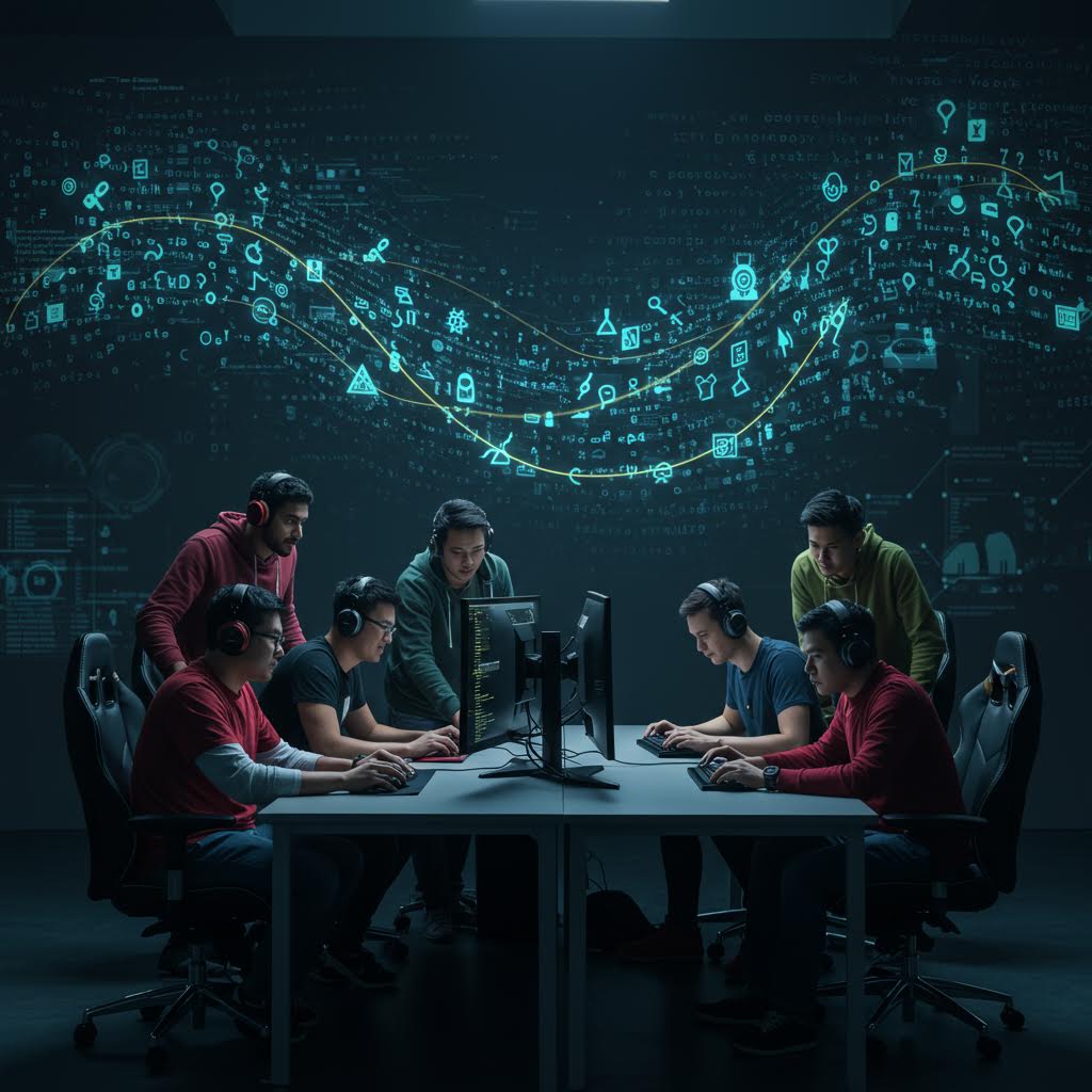 어두운 회의실에서 양쪽에 앉은 사람들이 테이블을 사이에 두고 마주보고 있는 장면. 위쪽에는 청록색 빛의 디지털 네트워크 연결선이 떠 있어 데이터 흐름을 시각화하고 있다.