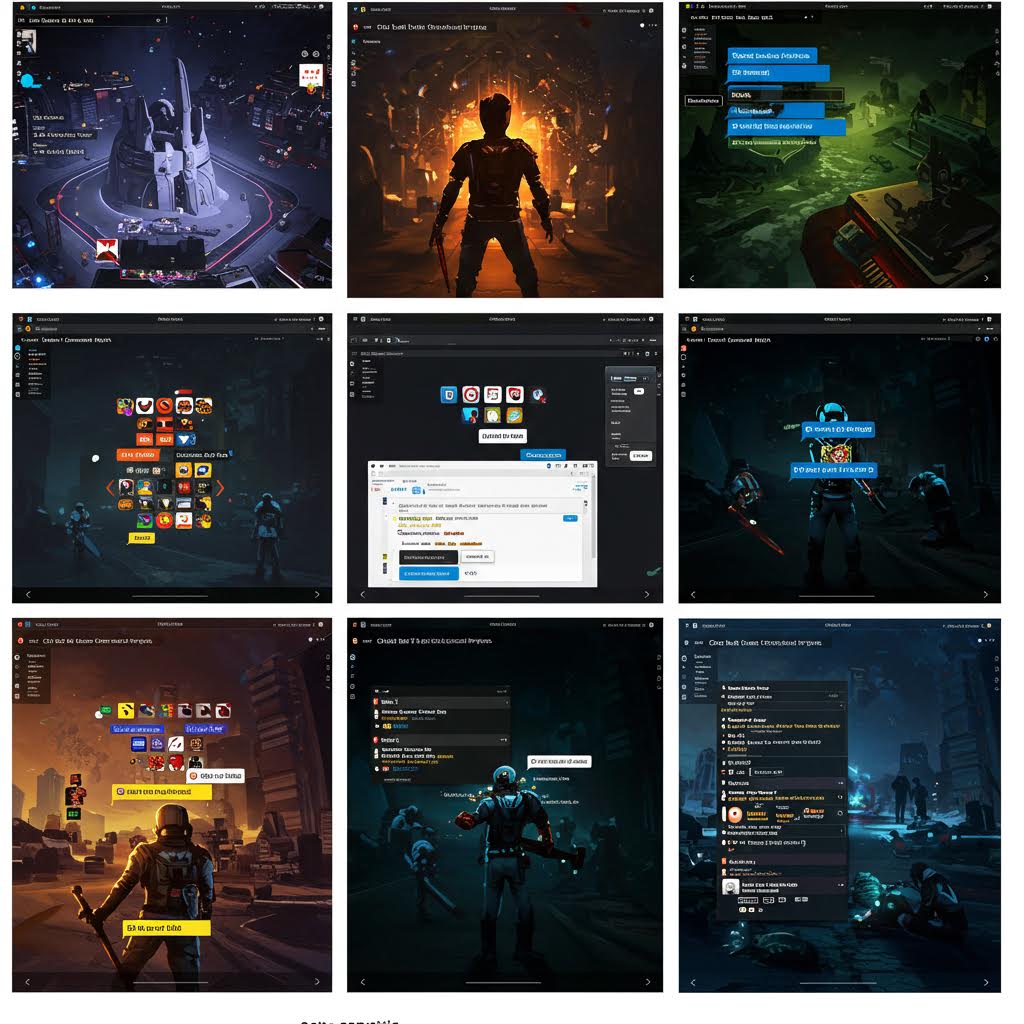 9개의 게임 인터페이스 스크린샷으로 구성된 그리드. 어두운 게임 화면에 캐릭터, 불꽃 효과, 인벤토리 시스템, 채팅창, 스킬 정보 등 다양한 게임 UI 요소들이 표시되어 있다.