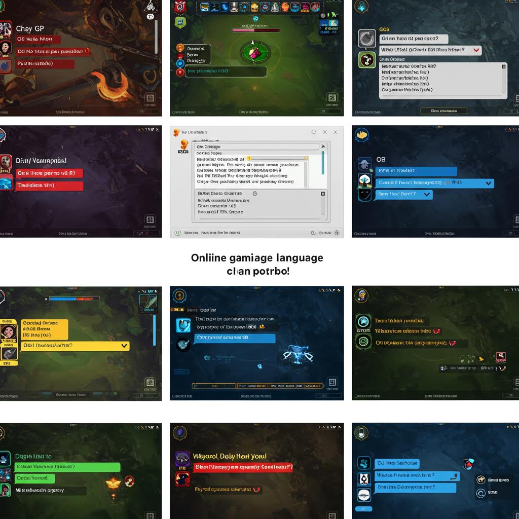 12개의 게임 화면 스크린샷으로 구성된 그리드. 게임 내 전투 장면, 채팅 인터페이스, 캐릭터 대화, 인벤토리 등 다양한 게임 요소들이 표시되어 있으며, 중앙에 'Oridon gemuge language at curdism' 텍스트가 있다.