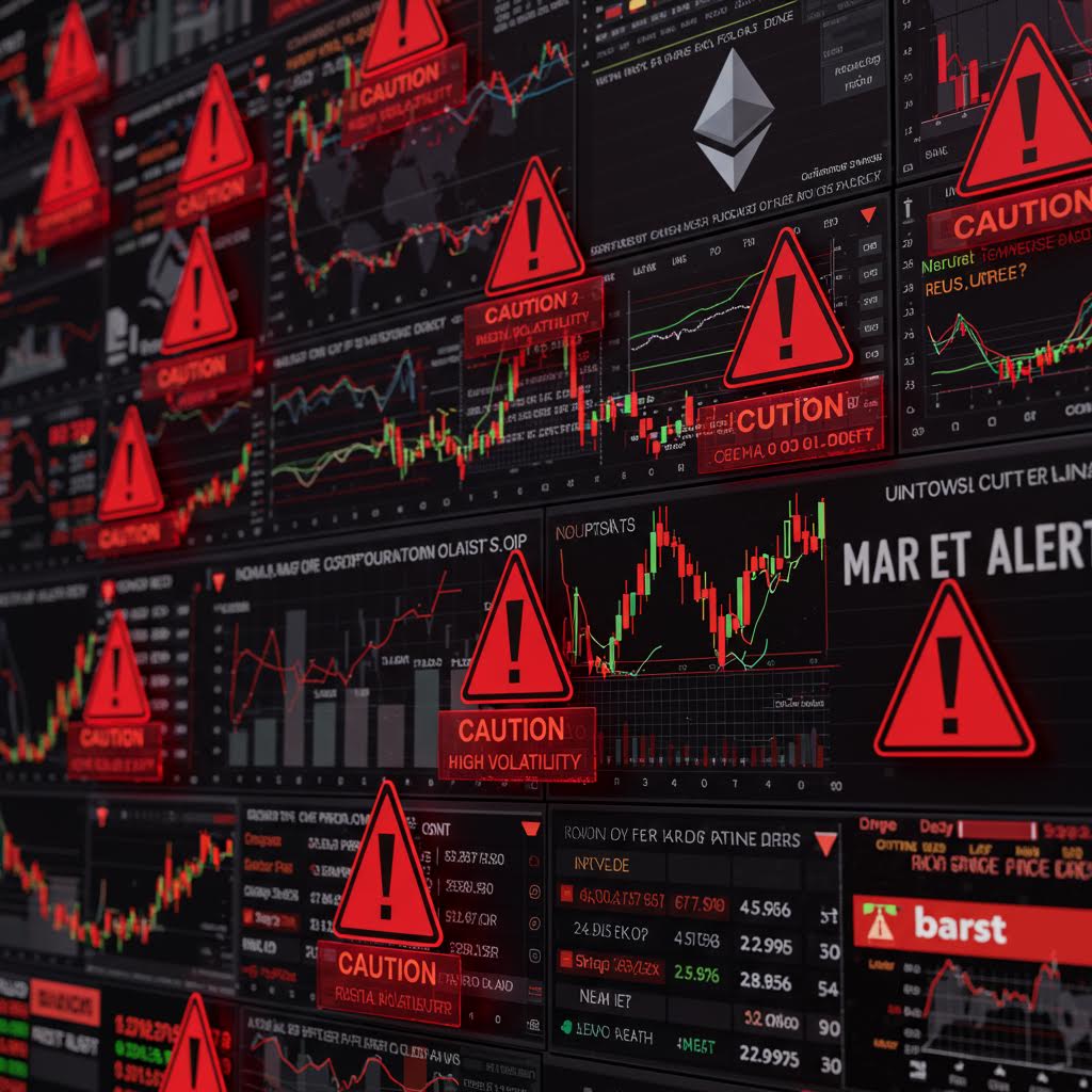 어두운 배경에 빨간색과 검은색으로 구성된 주식 시장 경고 이미지. 여러 개의 경고 삼각형 표시와 함께 'CAUTION', 'MARKET ALERT' 텍스트가 보이며, 주가 차트와 이더리움 로고가 함께 표시되어 있다.