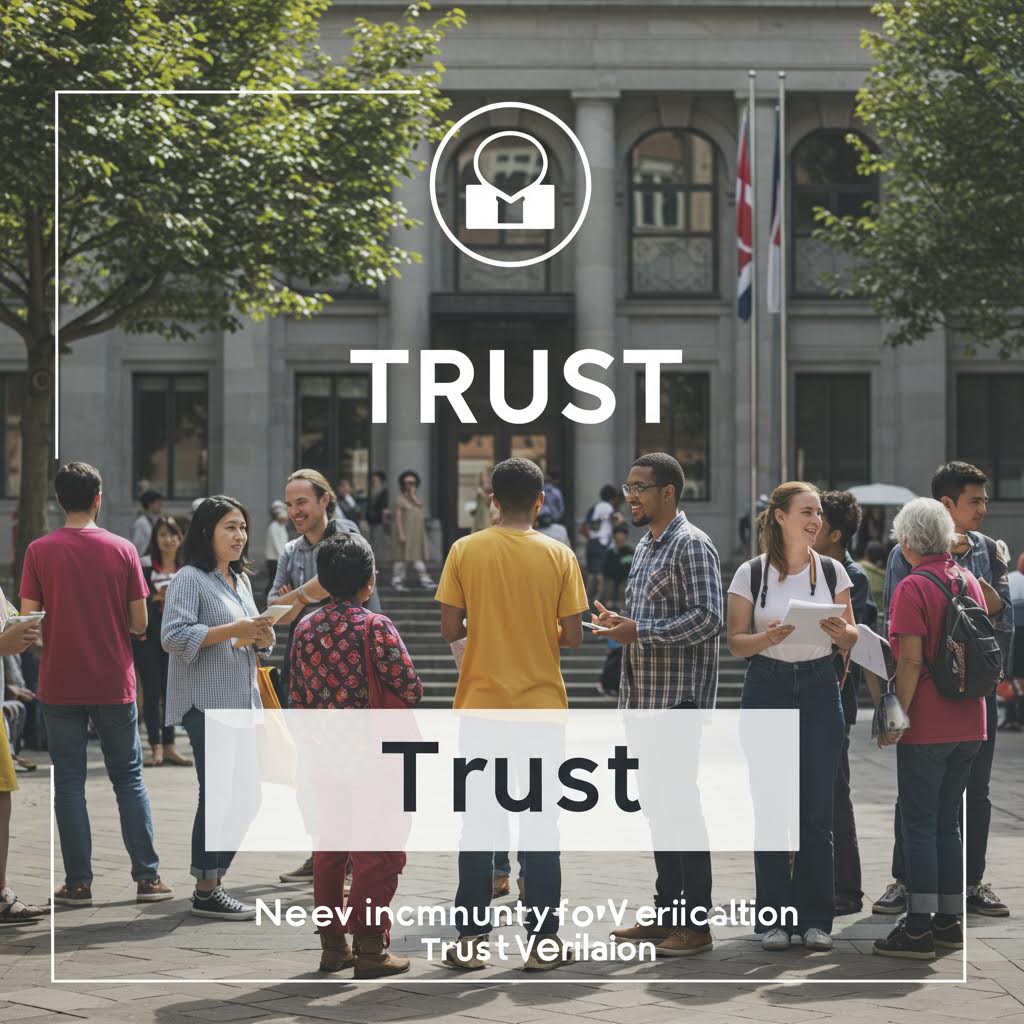 'TRUST SIGNLAS' 제목 아래 원형으로 배치된 일러스트. 다양한 피부색의 사람들 캐릭터들이 주변에 배치되어 있고, 중앙에는 신원 확인 카드, 메시지, 검증 아이콘 등이 표시되어 있다. 하단에 'Autmini stevcoration, Trust IGML conversation' 텍스트가 있다.