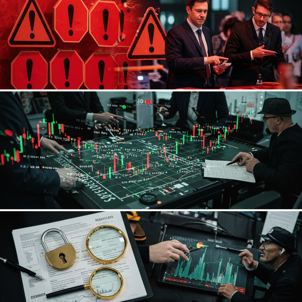 3개의 이미지로 구성된 세트. 상단에는 두 남성이 경고 표시와 함께 회의하는 장면, 중간에는 도시 모형 위 주식 차트를 보는 사람들, 하단에는 책상에 놓인 금화와 관련 자료들을 다루는 장면이 담겨 있다.재시도