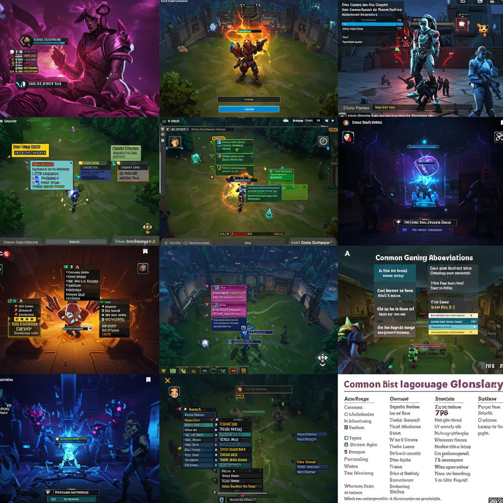 12개의 게임 화면 스크린샷으로 구성된 그리드. 게임 인터페이스, 캐릭터 선택 화면, 인벤토리, 채팅창, 스킬 트리 등 다양한 게임 내 요소들이 보이며, 오른쪽 상단에는 게임 용어 설명 텍스트가 포함되어 있다.