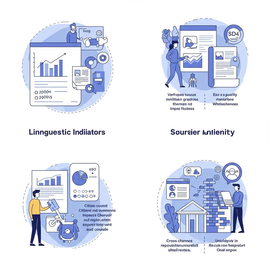 4개의 일러스트로 구성된 그리드. 파란색과 보라색 톤으로 그려진 다양한 언어와 신원 확인 개념을 표현한 이미지들로, 'Linguistic Indicators'와 'Sourrier swillarity' 등의 텍스트가 포함되어 있다.