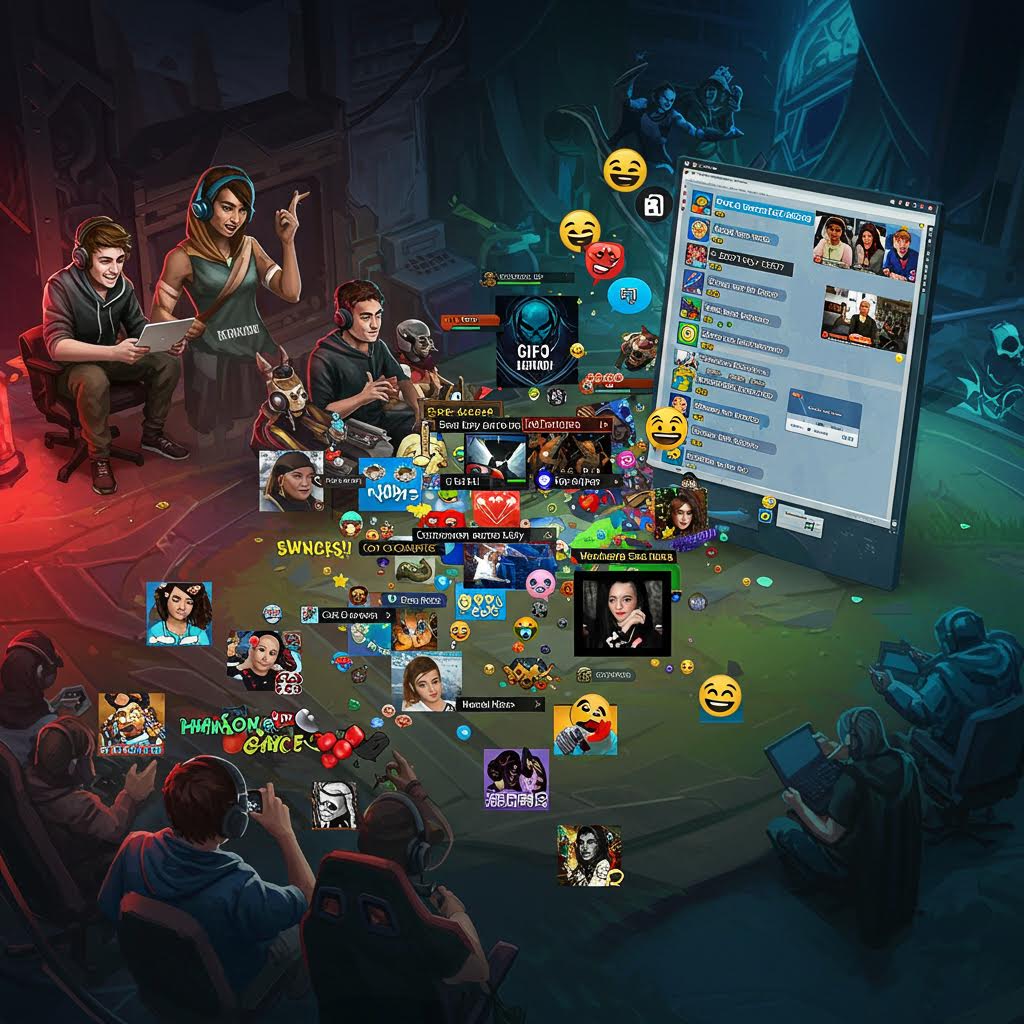 게임 속 소셜 화면을 보여주는 이미지. 어두운 배경에 여러 캐릭터 아바타와 채팅 인터페이스, 이모티콘이 표시되어 있으며, 왼쪽에는 게임 캐릭터들이 서 있고 오른쪽에는 채팅창이 보인다.