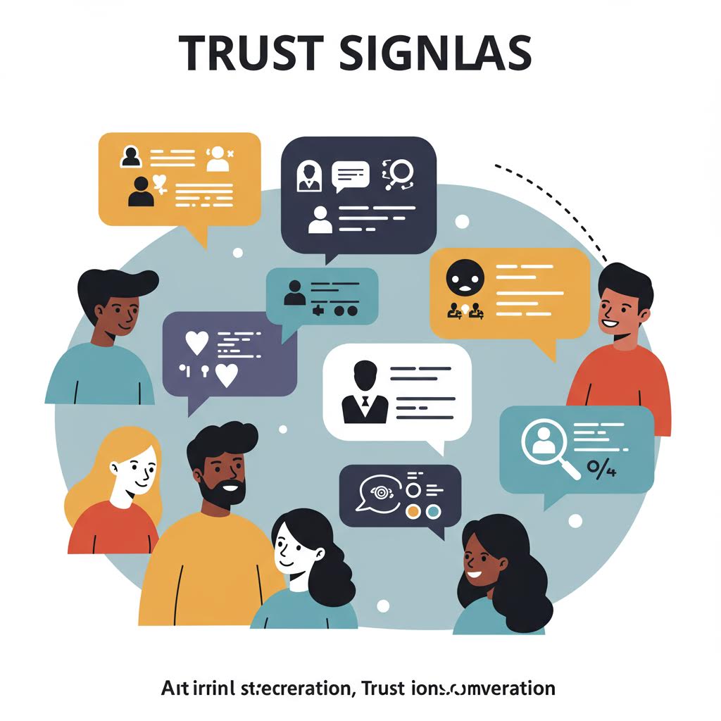 'TRUST SIGNLAS' 제목 아래 원형으로 배치된 일러스트. 다양한 피부색의 사람들 캐릭터들이 주변에 배치되어 있고, 중앙에는 신원 확인 카드, 메시지, 검증 아이콘 등이 표시되어 있다. 하단에 'Autmini stevcoration, Trust IGML conversation' 텍스트가 있다.