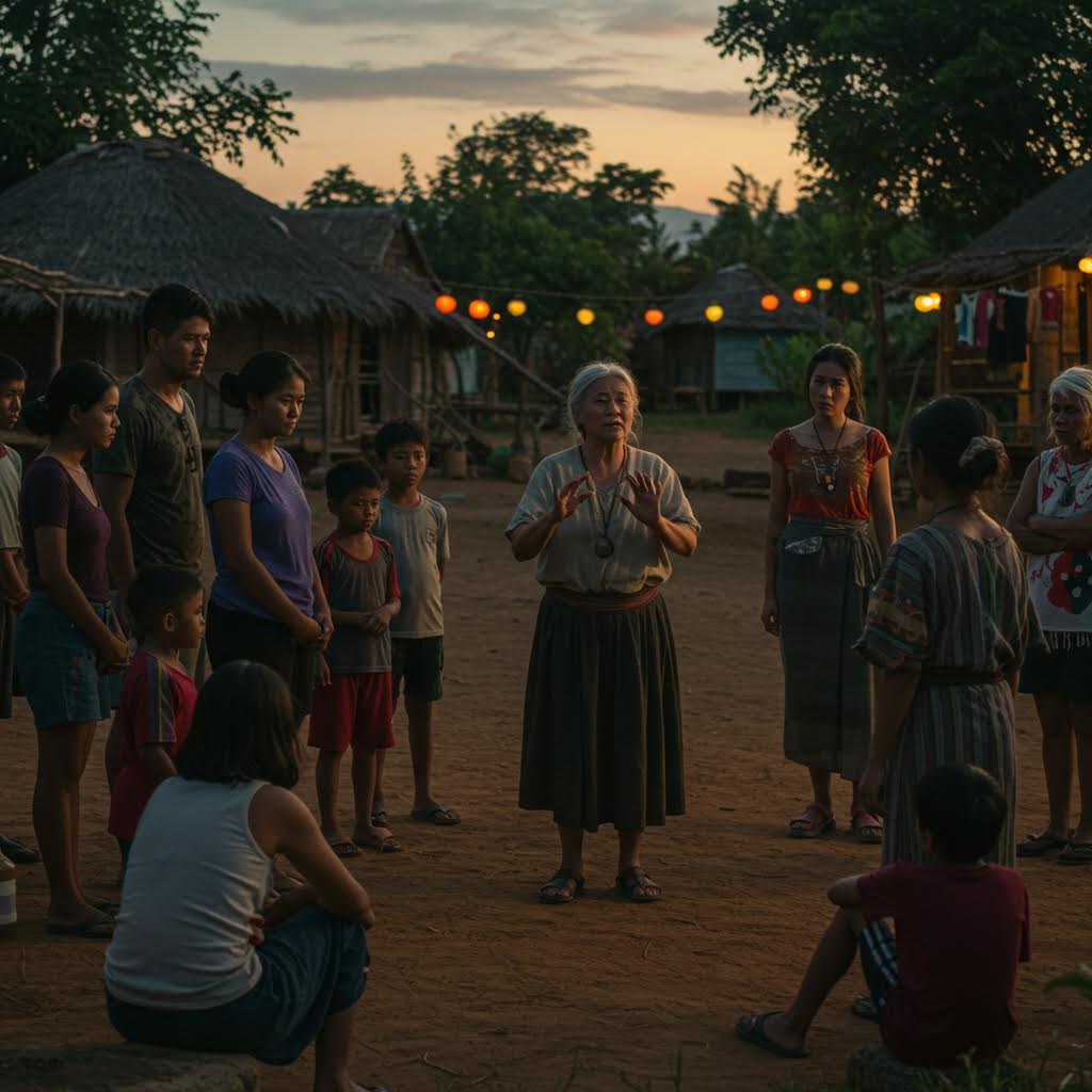 황혼 무렵 야외에서 사람들이 원형으로 모여 서 있고 앉아 있는 장면. 배경에는 오두막과 나무들이 보이며, 줄에 매달린 조명들이 장식되어 있어 따뜻한 분위기를 연출하고 있다.