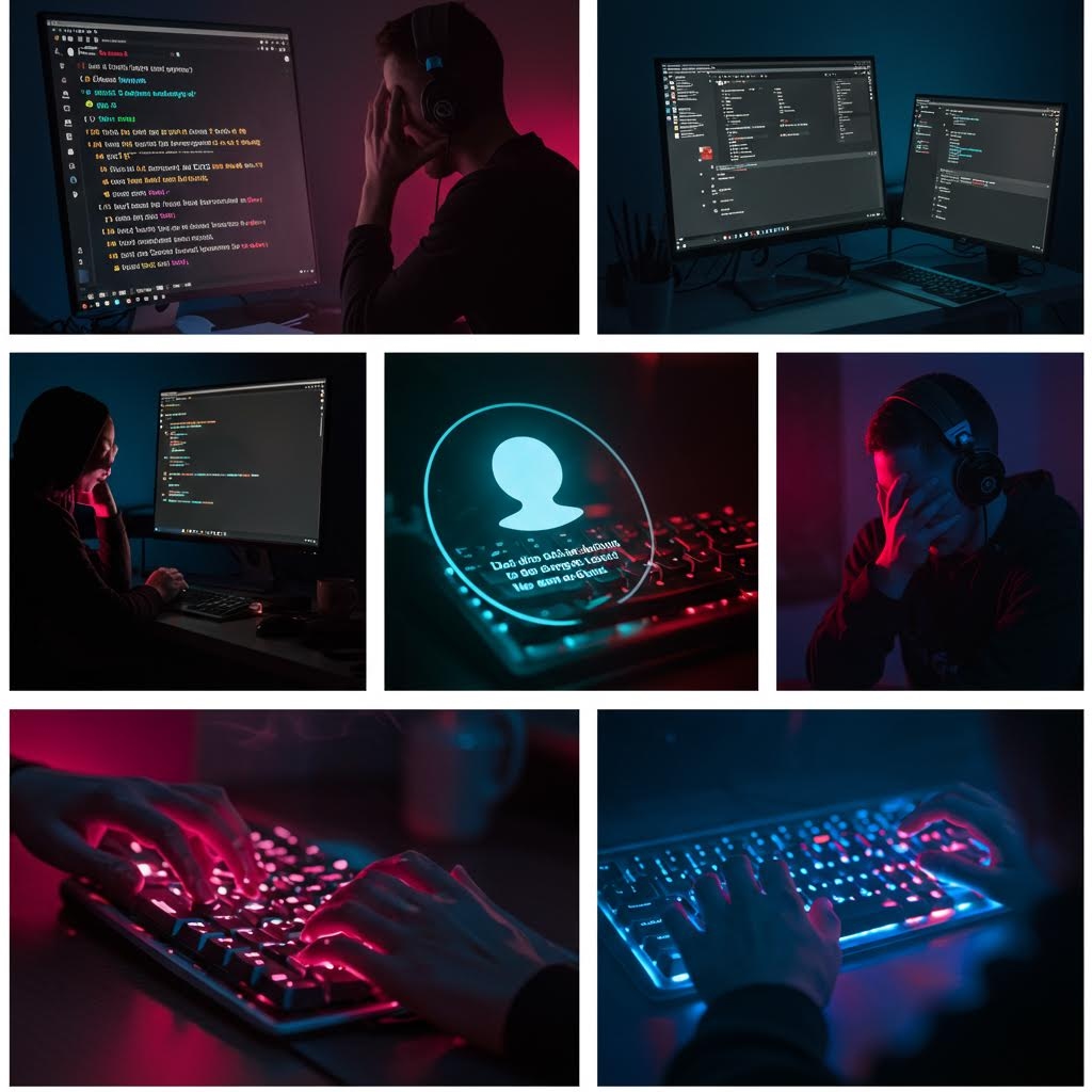 빛 번짐 속 키보드와 프로필 화면이 겹쳐지며 익명 활동과 정보 흔적의 대비가 강조되는 인터페이스 분위기