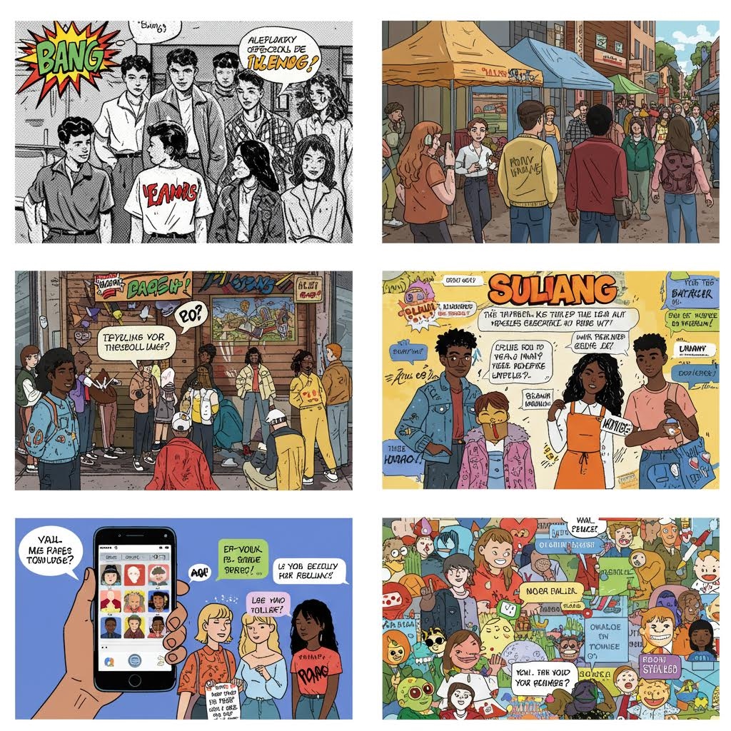 다양한 상황의 캐릭터들이 군중 속 상호작용을 통해 커뮤니티 분위기와 관계 변화를 서사적으로 보여주는 구성