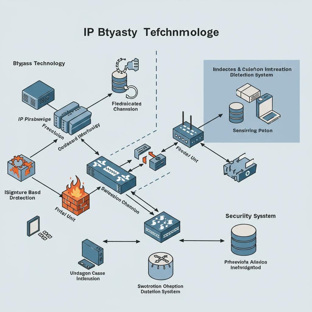 아이소메트릭 시점의 네트워크 보안 시스템 다이어그램. 'IP Btyasty Techfchmologe(IP 우회 기술)'라는 제목 아래, 서버, 라우터, 방화벽, 침입 탐지 시스템, 그리고 보안 데이터베이스 등이 복잡하게 연결되어 있습니다. 이는 네트워크 우회 기술과 보안/필터링 시스템의 작동 원리 및 구성을 시각적으로 보여줍니다.