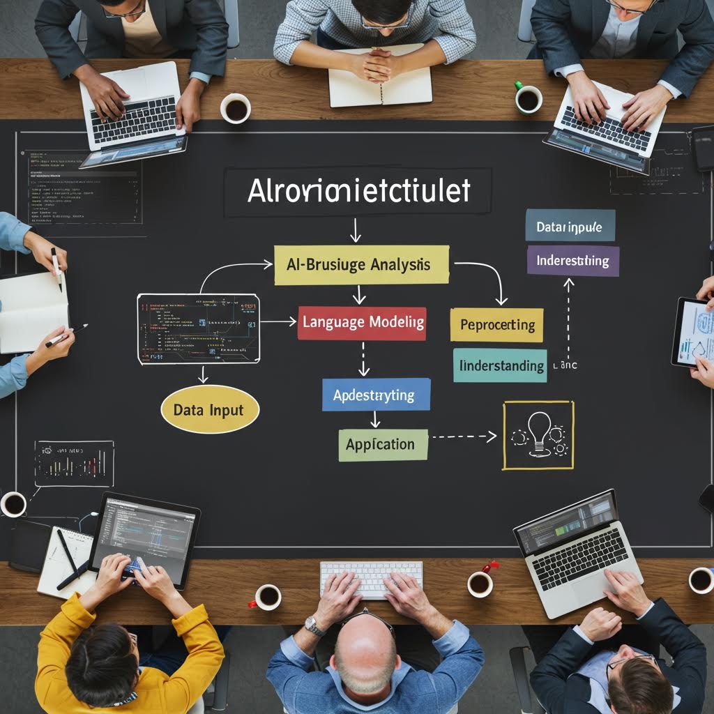 테이블을 둘러싼 사람들과 흐름도 보드가 함께 놓여 분석적 의사결정 과정이 진행되는 회의 공간