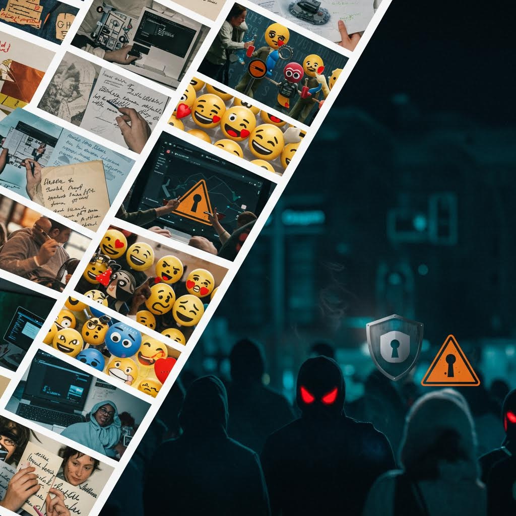 소셜 이미지와 어두운 군중 실루엣이 양분되어 온라인 영향력의 확산과 경계가 교차되는 대비적 화면