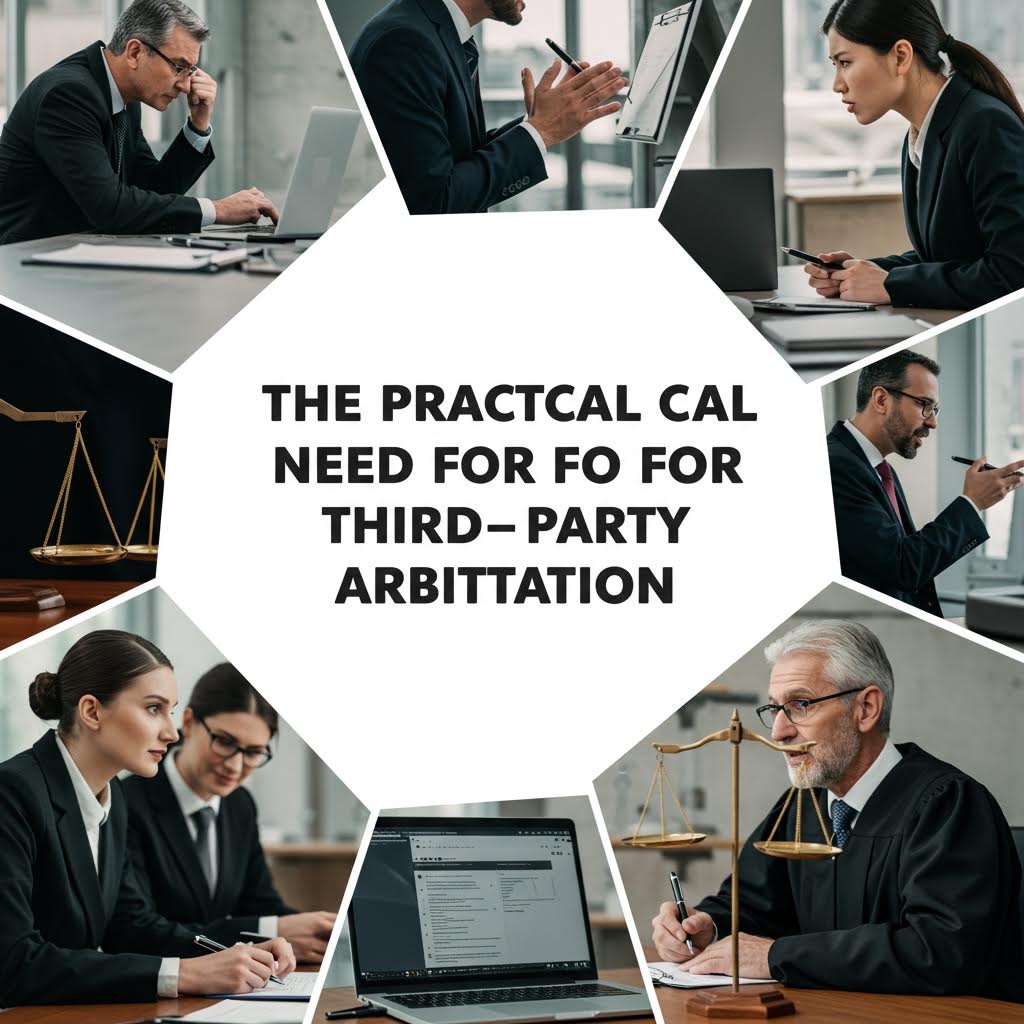 다양한 비즈니스 전문가들(변호사, 경영인, 심판관)의 모습 6컷이 중앙의 육각형 텍스트 (