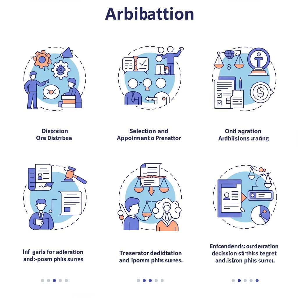 2x3 격자 배열의 아이콘 일러스트레이션으로, 'Arbitration(중재)'의 6단계 과정을 보여줍니다. 분쟁 제기, 중재인 선정 및 임명, 합의안 도출, 법적 검토, 심판관의 판결, 최종 결정 확정 등 중재 절차의 주요 구성 요소를 파란색 아이콘과 도형으로 표현하고 있습니다.
