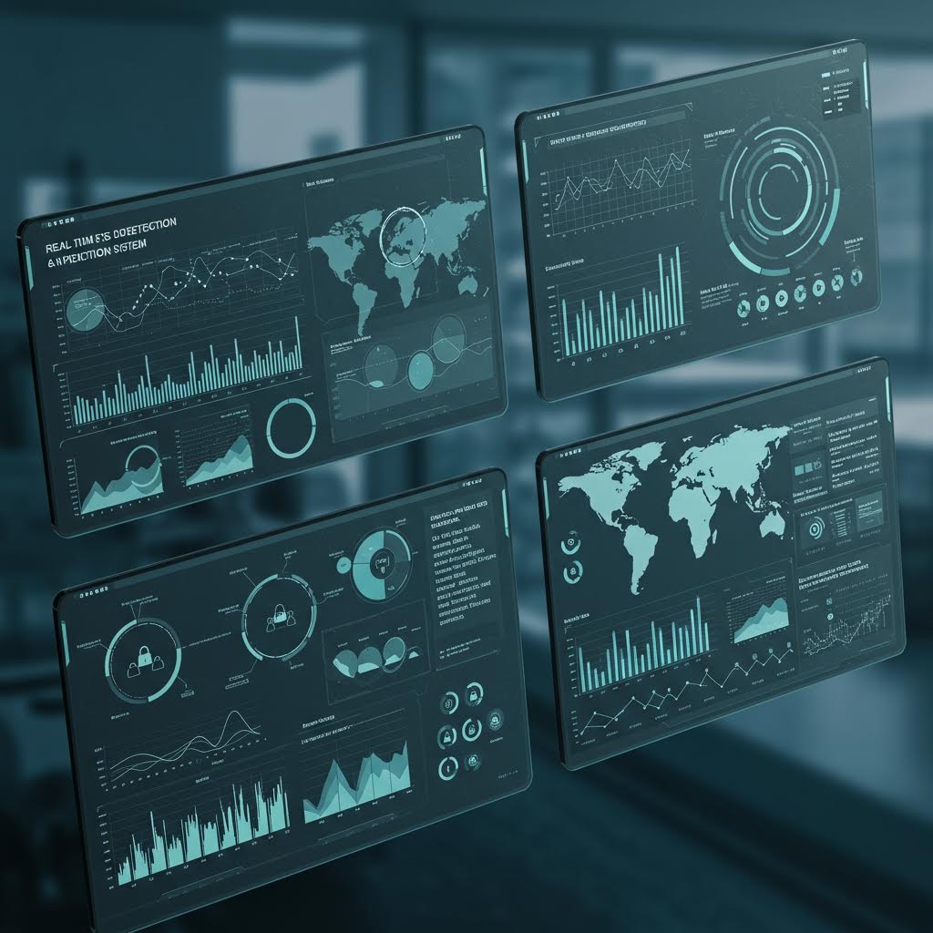 반투명 대시보드에 세계 지도와 지표 그래프가 정렬되어 실시간 탐지와 관제 흐름을 한눈에 보여주는 구조