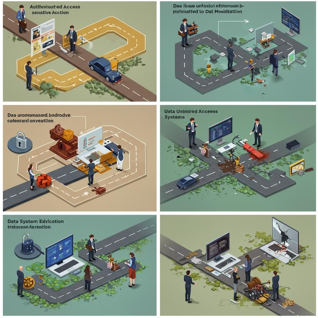 2x3 격자로 배열된 6개의 아이소메트릭 일러스트레이션. 도로와 자동차를 비유하여 내부자 위협이 발생하는 주요 경로를 보여줍니다. 권한 남용, 민감 정보 유출, 비인가 시스템 접근, 데이터 변조 및 시스템 파괴 등 내부자가 조직의 데이터를 공격하거나 시스템을 훼손하는 다양한 방법들을 시각적으로 묘사하고 있습니다.
