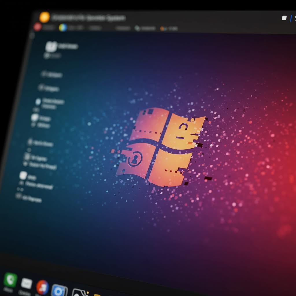 노트북이나 컴퓨터 화면을 근접 촬영한 이미지. 화면 중앙에는 붉은색과 주황색 픽셀 노이즈로 변형되고 깨진 상태의 윈도우(Windows)와 유사한 운영체제(OS) 로고가 어둡게 빛나고 있습니다. 이는 운영 시스템 내부에 숨겨진 악성코드나 **백도어(Backdoor)**와 같은 잠재적인 위험성을 시각적으로 경고합니다.