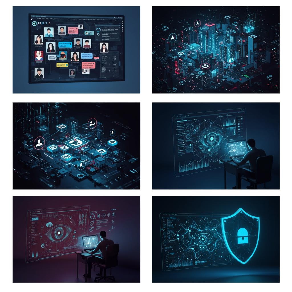 어두운 공간에서 여러 데이터 패널이 인물의 시선과 맞물려 온라인 활동 흐름을 입체적으로 드러내는 장면