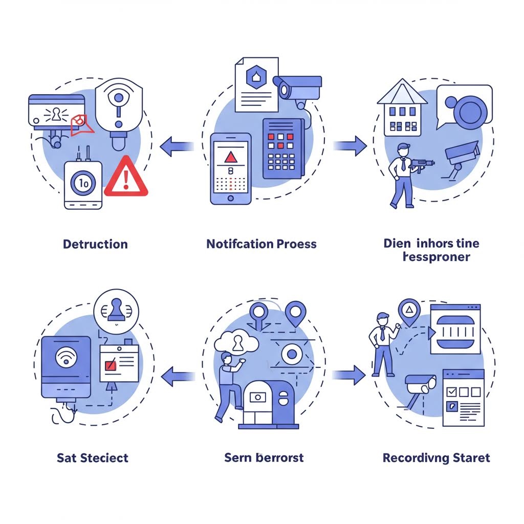 2x3 배열의 플로우차트 일러스트레이션. 보안 및 감시 시스템의 6단계 순환 과정을 보여줍니다. 파란색 아이콘과 화살표로 표현된 각 단계는 파괴 감지, 알림 프로세스, 현장 개입, 기록 시작, 클라우드 및 위치 정보, 시스템 상태 체크를 포함하며, 자동화된 보안 대응 체계를 시각적으로 설명합니다.