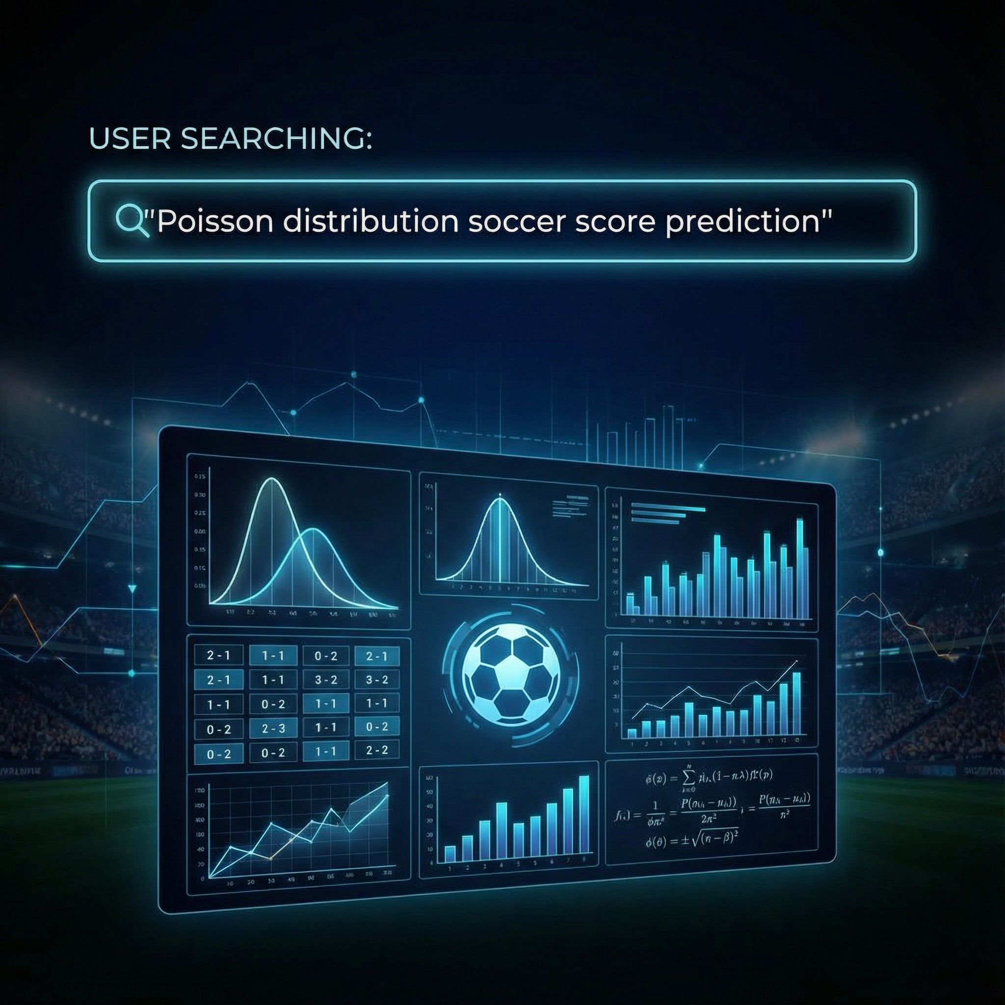 어두운 배경의 제목 슬라이드에 포아송 축구점수 검색창, 확률곡선·스코어표·공·그래프가 배치된 모습이다
