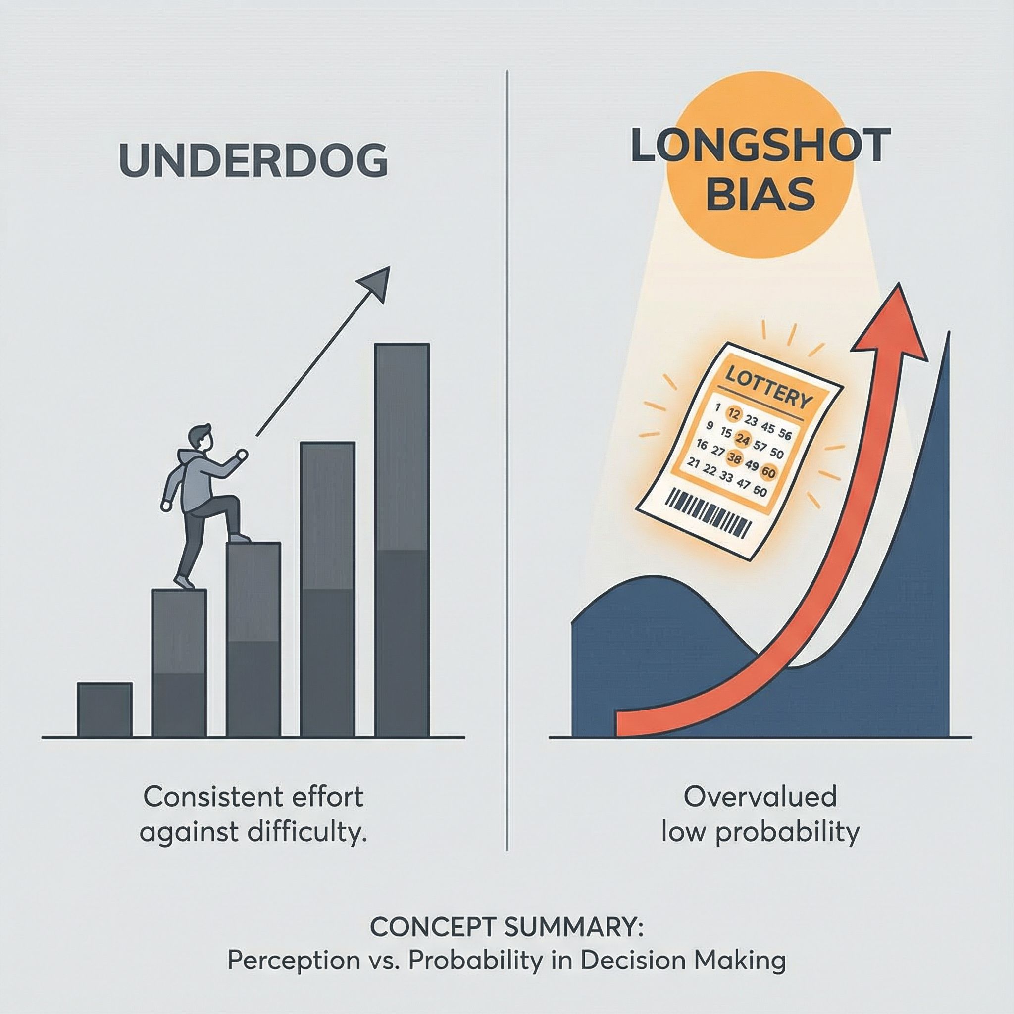 파란 상승확률 그래프를 오르는 작은 인물과, 조명받는 복권권 위 과장된 곡선이 대비된 모습이다