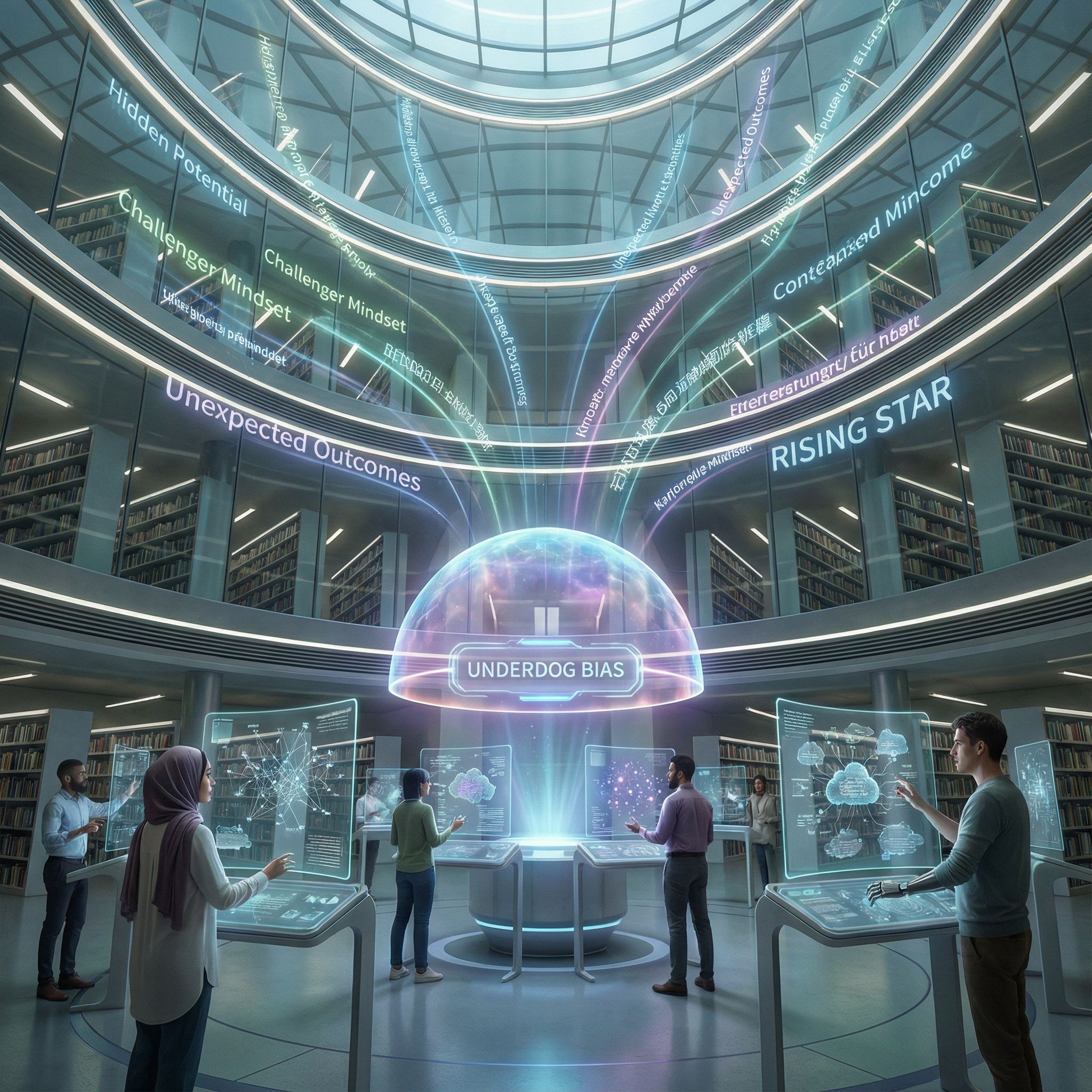 중앙 홀에 언더독 편향이라는 홀로그램이 떠 있고 참가자들이 투명 인터페이스를 조작하며 다양한 결과와 인식의 흐름을 탐구하는 미래형 연구 공간이다