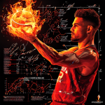 불꽃이 활활 타오르는 손으로 슛을 하는 선수 뒤로 개념 도표가 그려진 모습이다.