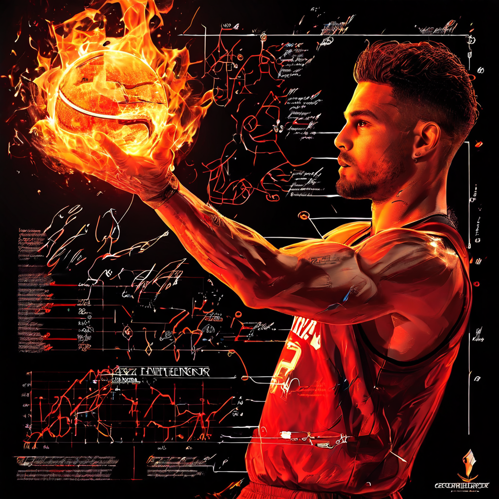 불꽃이 활활 타오르는 손으로 슛을 하는 선수 뒤로 개념 도표가 그려진 모습이다.