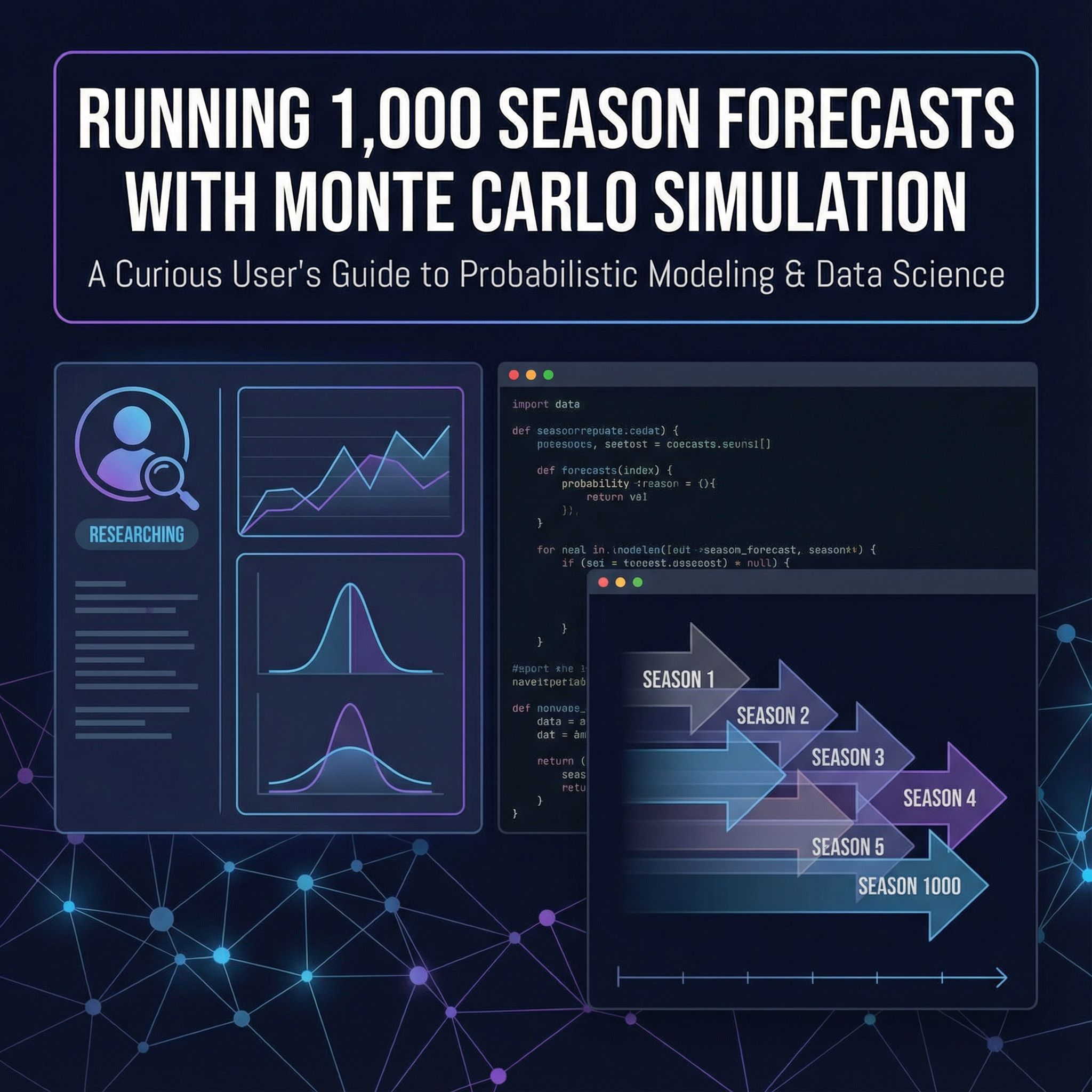 짙은 남색 데이터 인터페이스에 차트와 코드, 시즌 타임라인이 반복 배치된 제목 카드 모습이다