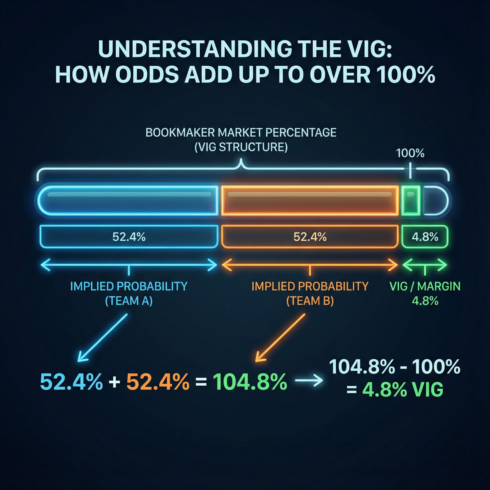 어두운 배경에 네온 포인트, 100% 넘는 막대그래프와 화살표·수식으로 배당률 마진을 설명한 모습이다