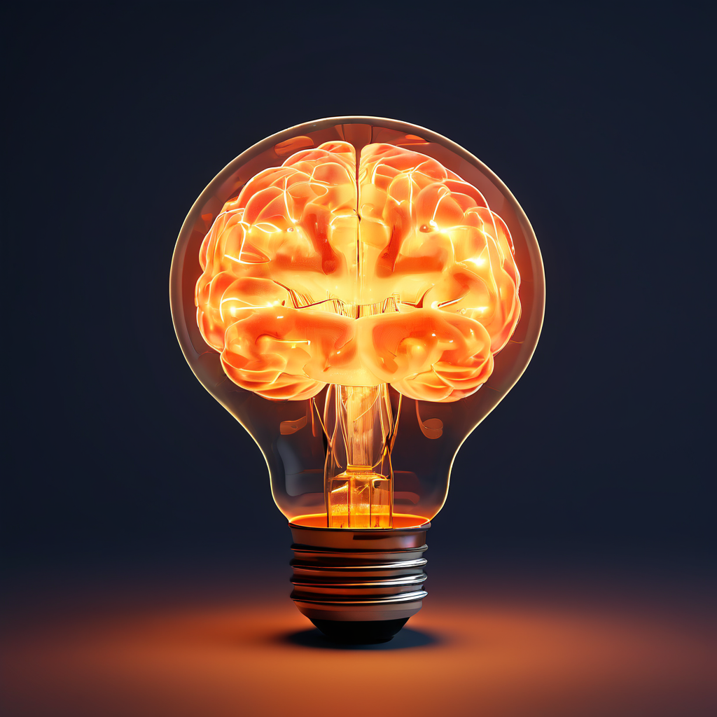뇌 안에서 밝게 빛나는 하나의 큰 전구가 흐릿한 작은 전구들을 압도하는 모습이다.