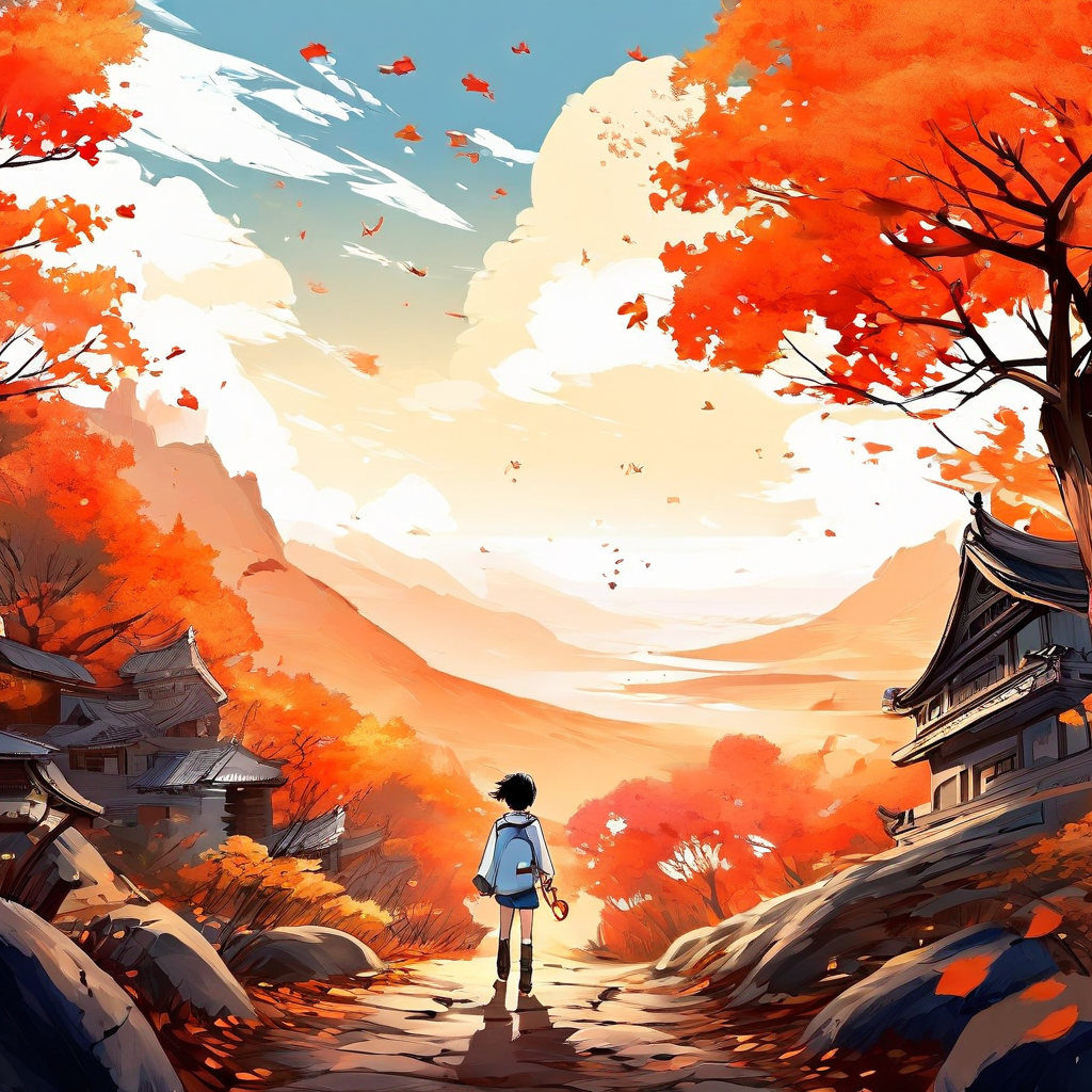 붉게 물든 나무 사이 길을 따라 작은 인물이 천천히 걸으며 계절의 깊이를 마주하는 장면