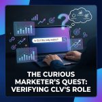 노트북에 Is CLV the only metric 검색창, 주변 파란 차트와 KPI 아이콘이 궁금증을