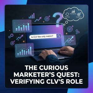 노트북에 Is CLV the only metric 검색창, 주변 파란 차트와 KPI 아이콘이 궁금증을