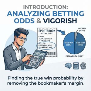 파란 인포그래픽 배경에 계산기와 배팅 티켓, 확률 차트를 보며 승률을 계산하는 집중한 얼굴 모습이다