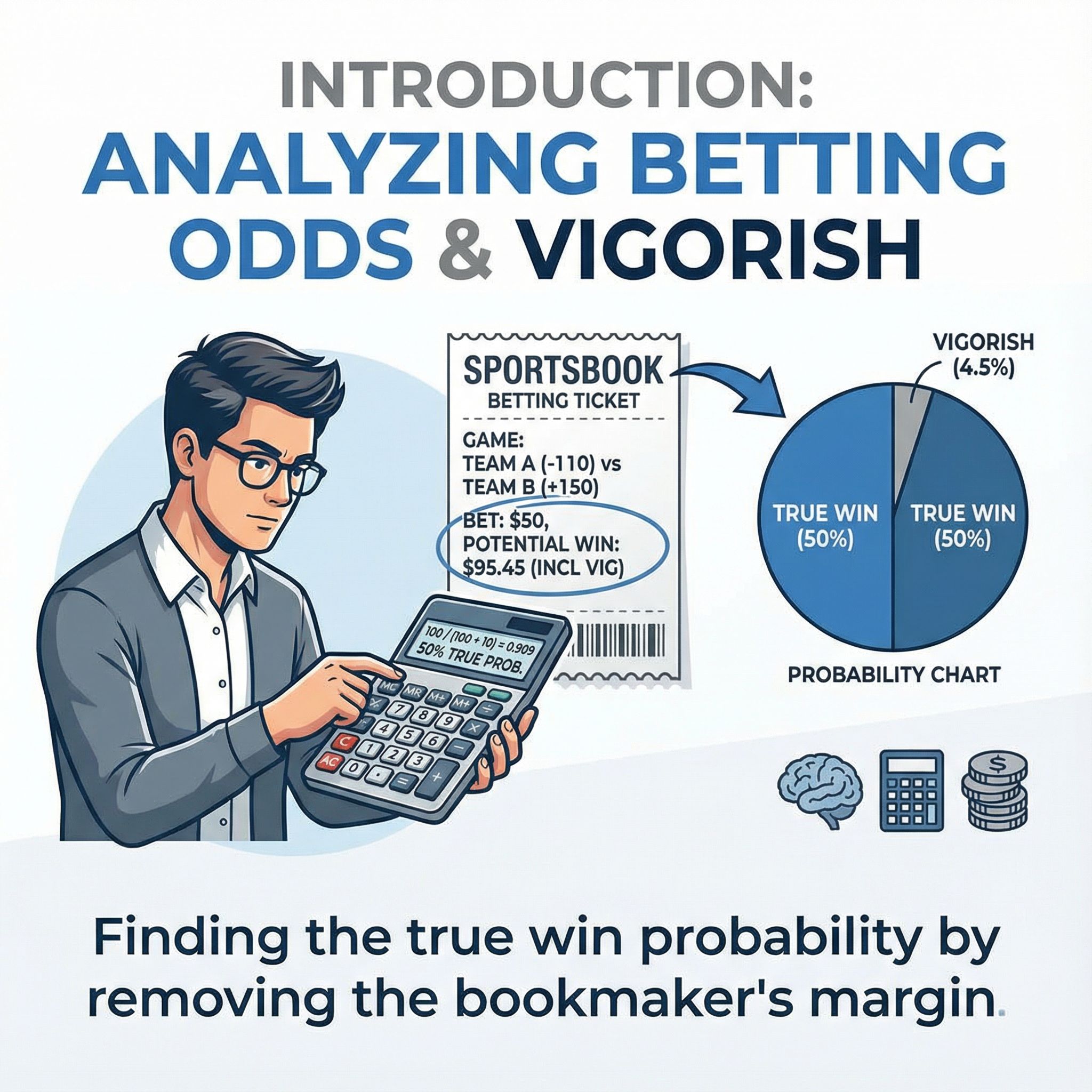 파란 인포그래픽 배경에 계산기와 배팅 티켓, 확률 차트를 보며 승률을 계산하는 집중한 얼굴 모습이다