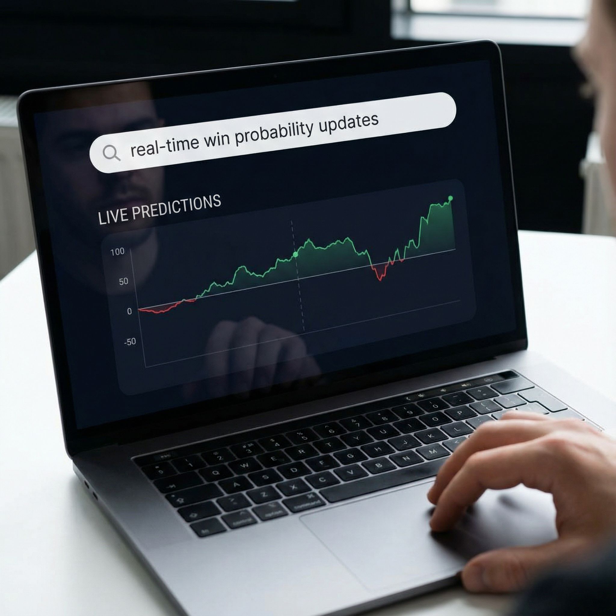 밝은 배경, 노트북에 실시간 승률 검색과 대시보드가 보이고 집중한 사용자가 앉아있는 모습이다