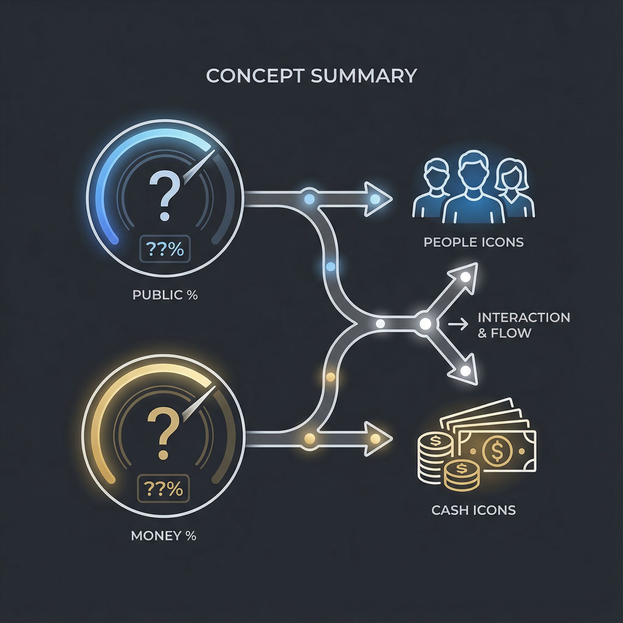 어두운 배경에 퍼센트 게이지 두 개와 물음표, 사람·현금 아이콘을 화살표로 연결한 인포그래픽 모습이다