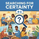 다양한 인물이 휴대폰·노트북 검색, 물음표 위 돋보기와 제목 카드 모습이다