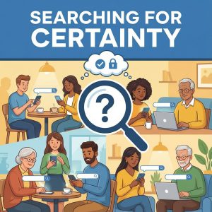 다양한 인물이 휴대폰·노트북 검색, 물음표 위 돋보기와 제목 카드 모습이다