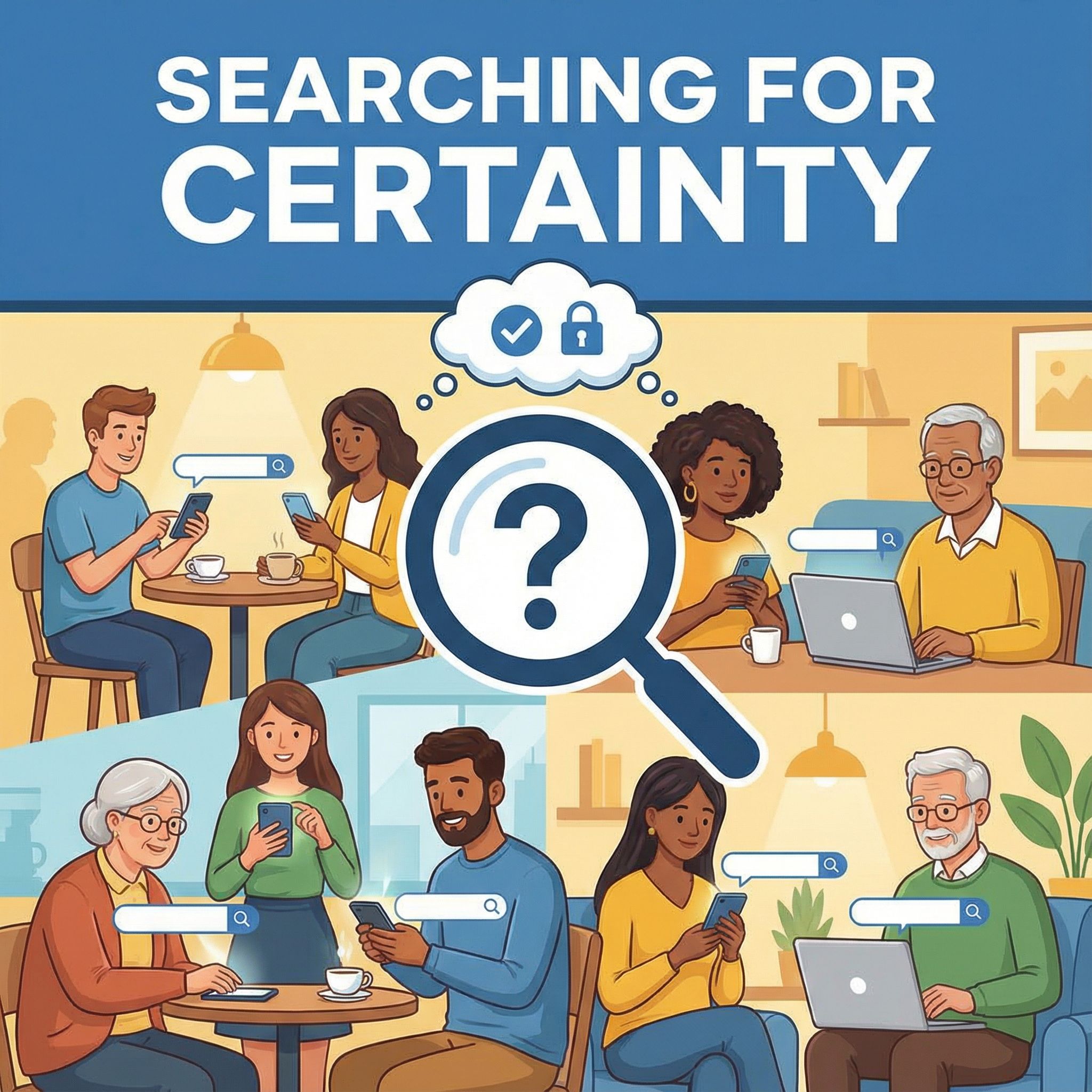 다양한 인물이 휴대폰·노트북 검색, 물음표 위 돋보기와 제목 카드 모습이다