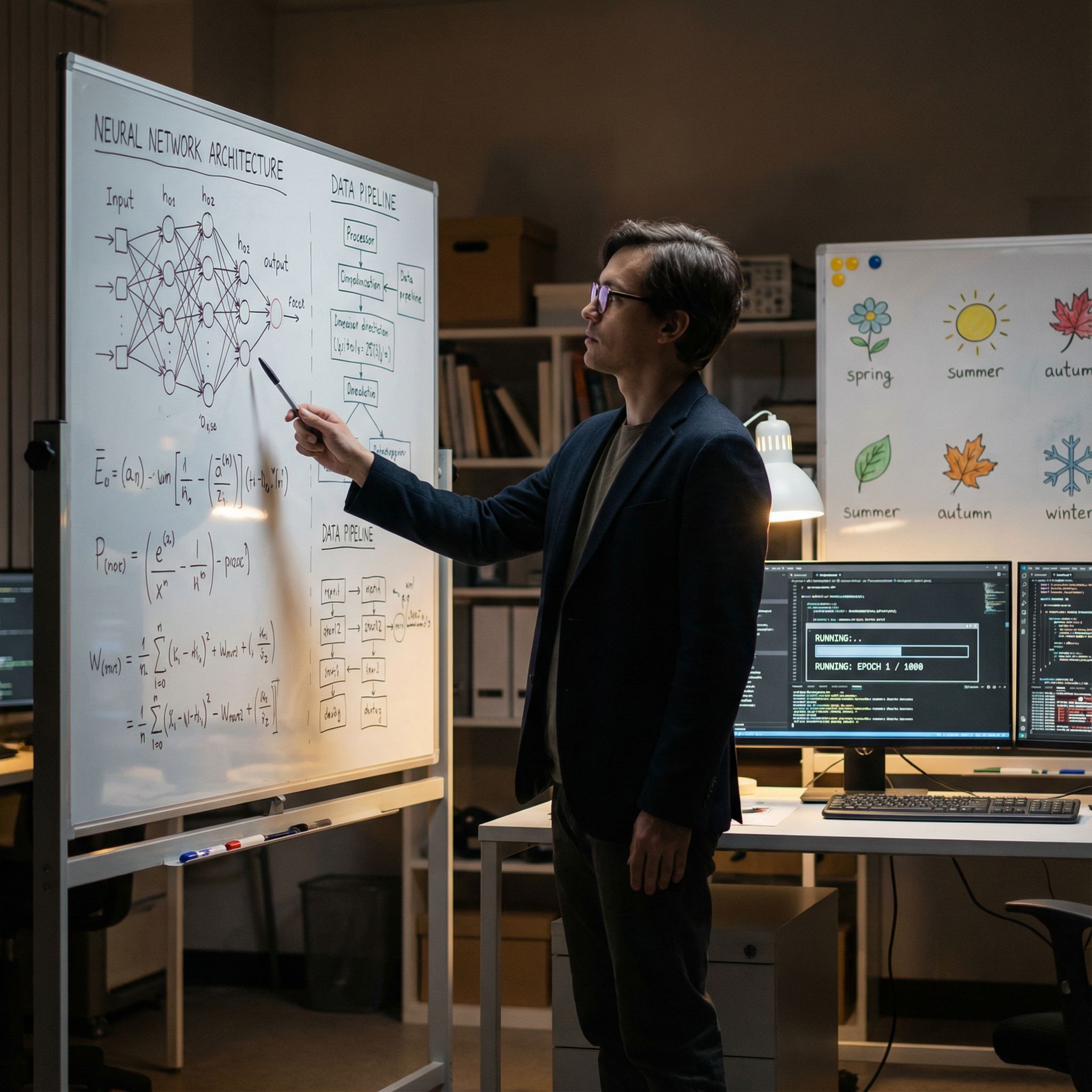 흰 보드의 도식과 컴퓨터 화면 앞 연구자가 계절 아이콘 흐름도로 모델 설계를 적는 모습이다