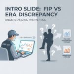 중립 배경에 노트북 앞 야구 분석가, 갈라진 화면의 엇갈린 차트와 투수 실루엣, 물음표가 보이는 모습이다