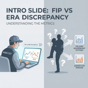 중립 배경에 노트북 앞 야구 분석가, 갈라진 화면의 엇갈린 차트와 투수 실루엣, 물음표가 보이는 모습이다