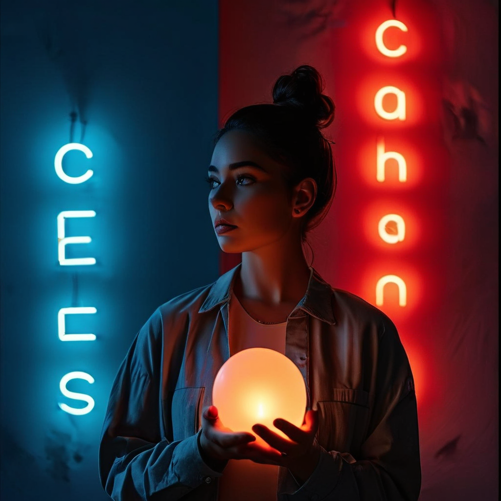 미니멀한 스튜디오 배경에 인물이 빛나는 선택 물건을 들고, 나머지 선택지는 흐릿하게 사라지는 모습이다