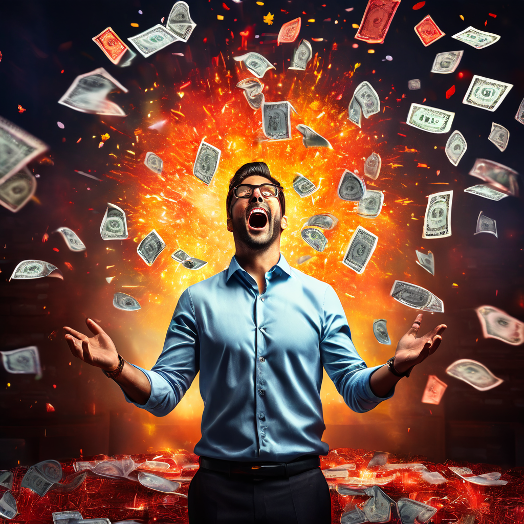 회색빛 통계 데이터는 어둡게, 돈벼락을 맞고 환호하는 사람만 밝게 표현된 모습.